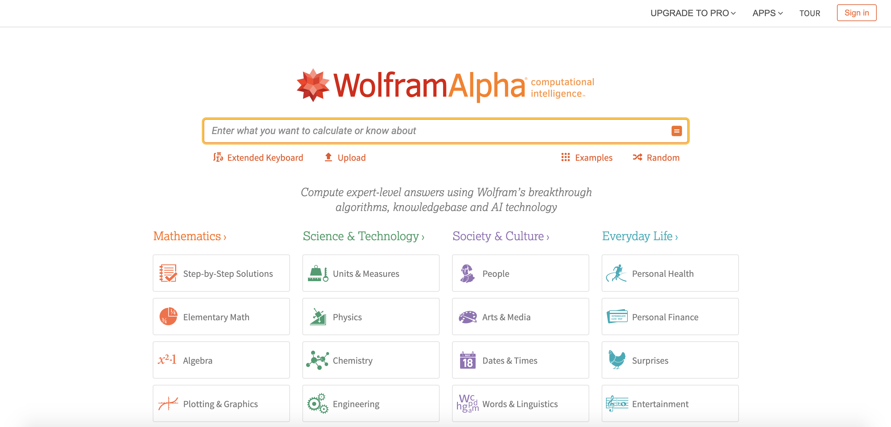 Wolfram Alpha home page